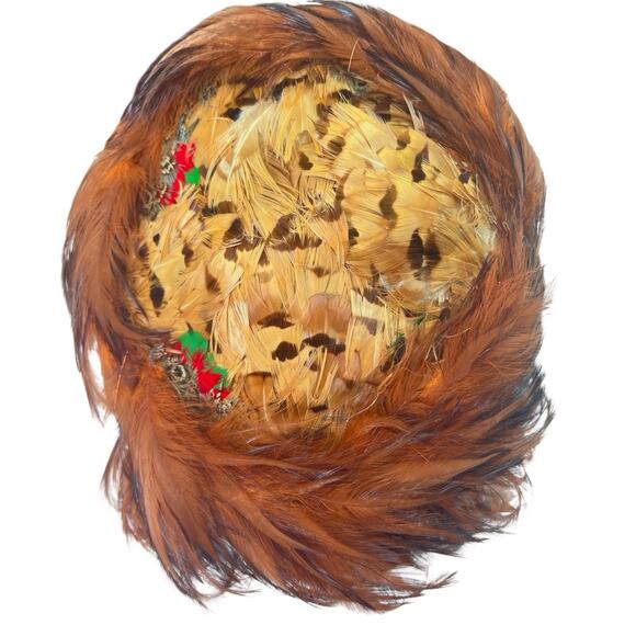 Vintage 1940s Feather Tilt Hat Brown Pheasant Rooster Hollywood Glam Millinery - Picture 7 of 8
